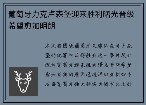 葡萄牙力克卢森堡迎来胜利曙光晋级希望愈加明朗