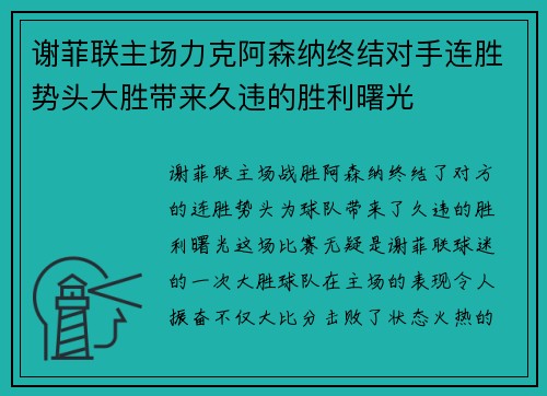 谢菲联主场力克阿森纳终结对手连胜势头大胜带来久违的胜利曙光