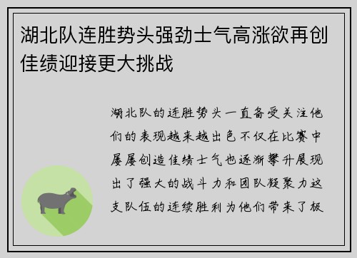 湖北队连胜势头强劲士气高涨欲再创佳绩迎接更大挑战