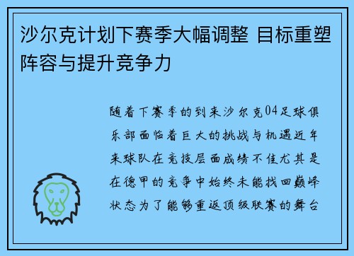 沙尔克计划下赛季大幅调整 目标重塑阵容与提升竞争力