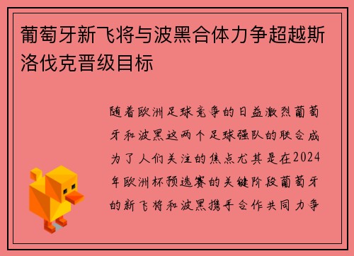 葡萄牙新飞将与波黑合体力争超越斯洛伐克晋级目标