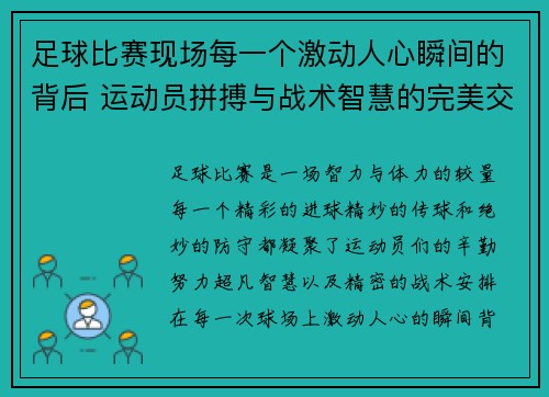 足球比赛现场每一个激动人心瞬间的背后 运动员拼搏与战术智慧的完美交织